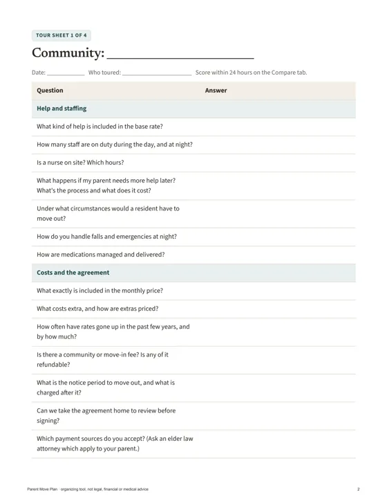 Printable tour sheet with questions and space for answers